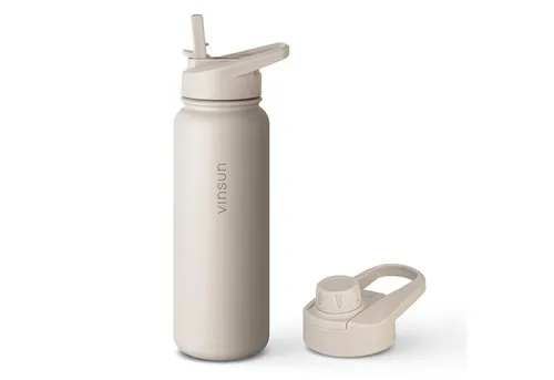 Vinsun Edelstahl Trinkflasche 750ml mit 2 Deckeln - Trinkflasche aus Edelstahl, BPA-frei und bruchsicher, ideal für unterwegs. Mit zwei Deckeln für Trinköffnung oder Strohhalm, perfekt für jeden Anlass.