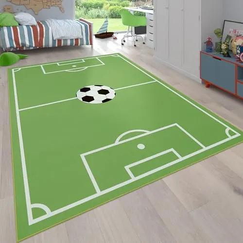 Paco Home Kinderteppich Fußballteppich 140x200 cm - Teppich fürs Kinderzimmer, modern und rutschfest, ideal für kleine Fußballfans und perfekt für warme Füße mit Fußbodenheizung geeignet.