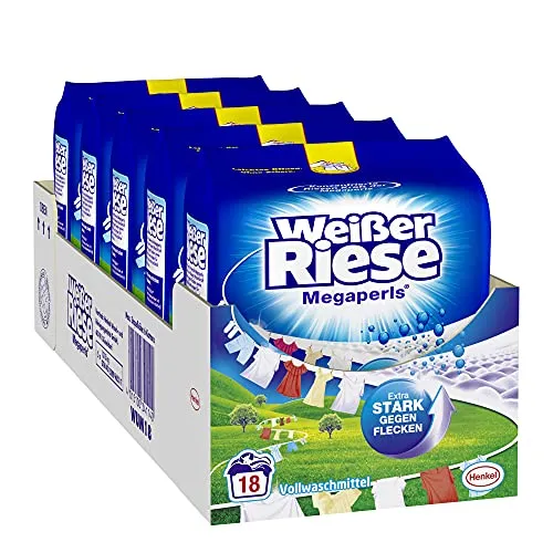 Weißer Riese Universal Megaperls Vollwaschmittel (18 Waschladungen), Waschmittel für weiße Wäsche wirkt extra stark gegen Flecken bei 20–95 °C, 100% recycelbares Plastik