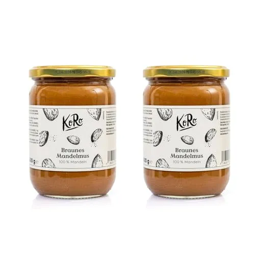 KoRo Mandelmus Braun 2 x 500 g - 100% ungeschälte & geröstete Mandeln - Mandelaufstrich ohne Zuckerzusatz und Salz, ideal für vegane Ernährung. Vielseitig einsetzbar als Brotaufstrich, im Müsli oder zum Verfeinern von Dips.