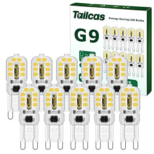 Tailcas G9 LED Lampen Kaltweiss 6000K, 3W Kaltweiß Glühbirne G9, Entspricht 30W Halogenlampe, 300Lumen Kein Flimmern Leuchtmittel (16.5 x 48.5 mm), Nicht Dimmbar, AC 220-240V, 10 Stück Mini Birnen