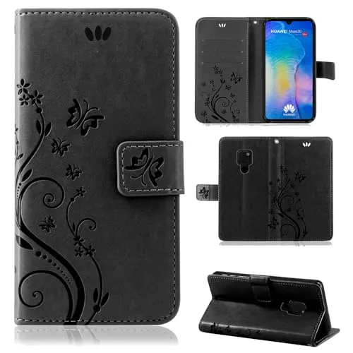 betterfon Hülle Kompatibel mit Huawei Mate 20 | Premium PU Leder Handyhülle Wallet Case für Mate 20 | Schutzhülle Blumen Klapphülle Handyhülle | Schwarz