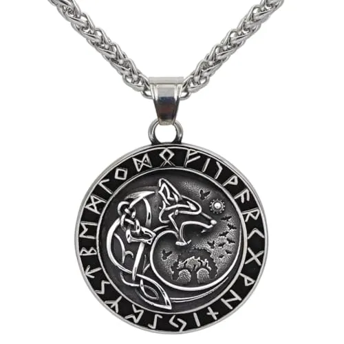ZFSBRTL Wikinger Odin Wolf Fenrir Anhänger Halskette, Herren Gold&Silber Edelstahl Nordischen Mythologie Amulett Vegvisir Rune Keltischer Schmuck Geschenk 60cm Kette,Silber