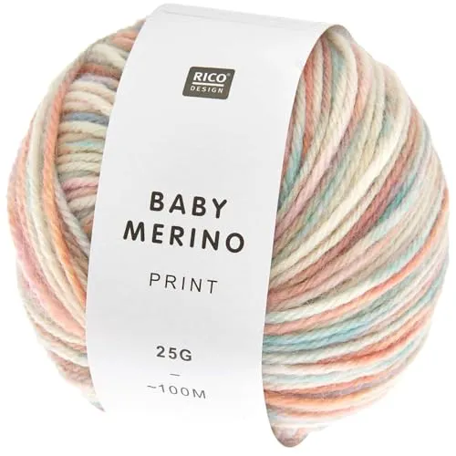 Rico Design Baby Merino Print Babywolle, 25g, 100m, Nadel 4.0, 100% Schurwolle, für Pullover Gr. 74/80 waschbar bei 30°C im Schonwaschgang Sommer