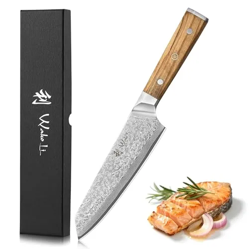 Wakoli Kiritsuke Messer 18cm Damaststahl mit Walnussholzgriff - Hochwertiges 18 cm Kiritsuke Messer aus 67 Lagen Damaststahl mit VG10-Kern. Der ergonomische Walnussholzgriff sorgt für sicheren Halt und müheloses Schneiden. Ideal für Hobby- und Profiköche!
