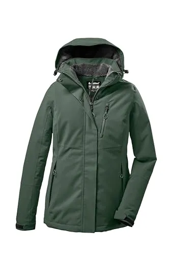 killtec Damen Kow 140 Funktionsjacke - Outdoorjacke mit abzippbarer Kapuze, Grün/Grau, 44 EU - Wanderjacke mit 10.000 mm Wassersäule, wasserdicht und atmungsaktiv. Ideal für Outdoor-Aktivitäten, ausgestattet mit kuscheligem Teddyfleece und umweltfreundlicher Imprägnierung.