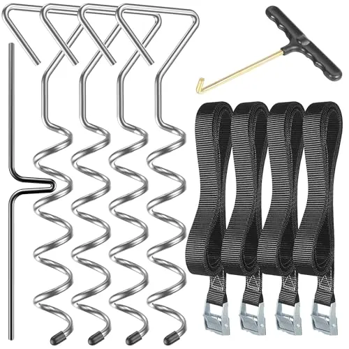 Graxury 4Stück Schwerlast-Trampolin-Anker-Set - Korkenzieherförmige, rostfreie verzinkte Stahlverankerungen für Trampoline, Schaukeln, Gartenschuppen mit 4 robusten Gurten und Federzugwerkzeug