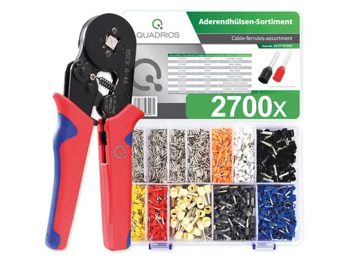 QUADRIOS Automatik-Crimpzange mit Aderendhülsen Set - Quetsch- / Steckverbinder, selbsteinstellende Crimpzange für präzise Verbindungen mit isolierten und unisolierten Aderendhülsen.
