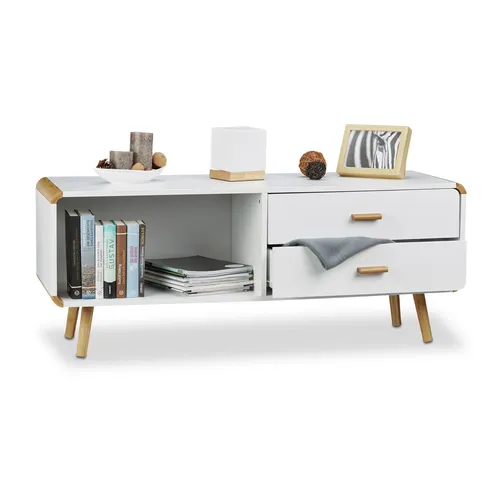 Skandinavisches Sideboard Weiß, Anrichte mit 2 Schubladen - TV-Halterungen: Stilvolles Sideboard in Weiß mit 2 Schubladen für optimalen Stauraum und modernes Design, ideal für Ihr Wohnzimmer.