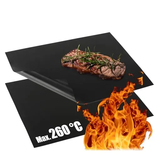 com-four® 2x BBQ Grillmatte aus Teflon - hitzebeständige Backofenmatte - Antihaft-Grillfolie - Grill- und Backunterlage - wiederverwendbar, zuschneidbar, spülmaschinengeeignet (2 Stück - schwarz)