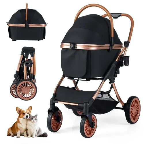 COSTWAY 3 in 1 Hundewagen, Hundebuggy klappbar, bis 25 kg, Katzenbuggy mit abnehmbarer Transportbox, Sonnenschutz, Korb & Getränkehalter, Schwarz