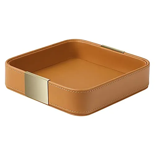 SANZIE Luxus Lederschale Schlüsselschale Aufbewahrung Schlüsselablage Organizer Ablage Tablett Schale für Schlüssel, Flur zu halten Schmuck, Uhren, Telefon, Brieftasche (Metallvergoldet, Orange)