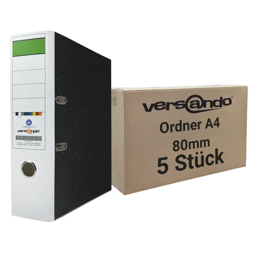 5x Ordner weißer Rücken versando® A4 80mm breit - Blauer Engel - grüner Balken