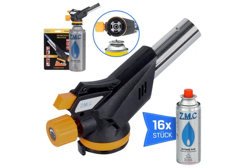 ZMC Flambierbrenner Mehrzweck Gasbrenner Lötbrenner 1,3kW Küchenbrenner + Gaskartuschen, (mit Piezozündung, mit einstellbare Flamme, Temperatur von bis zu 1300 ° C, Kohleanzünder, 16-tlg), Brenneraufsatz, Butangasbrenner, Flambiergerät, Gasanzünder