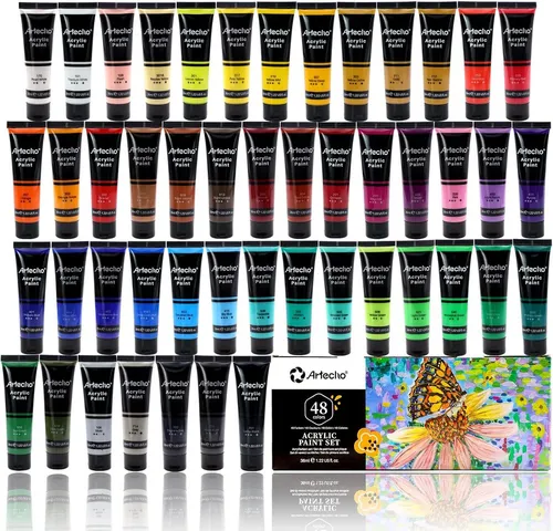 Artecho Acrylfarbe Set 18 / 24 / 48 Farben, je 36ml Tuben – wasserfest & schnelltrocknend, für Papier, Ton, Holz, Stein – zum Reisen, Malen & Freude verschenken