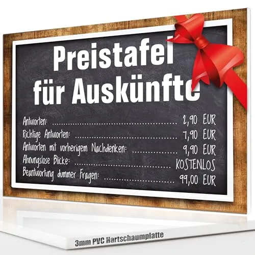 Preistafel für Auskünfte Schild 20x30, Lustiges Spruchschild - Türschild | Lustige Geschenkidee | Wanddeko Spruch lustig, ideales Geburtstagsgeschenk - Lustiges Spruchschild, Partydeko Geschenk (Grau)