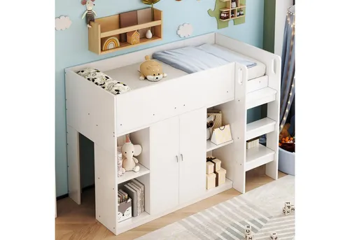 Odikalo Kinderbett Hochbett Stauraum Kleiderschrank Regalen Leiter 90x200 Weiß/Grau+Weiß