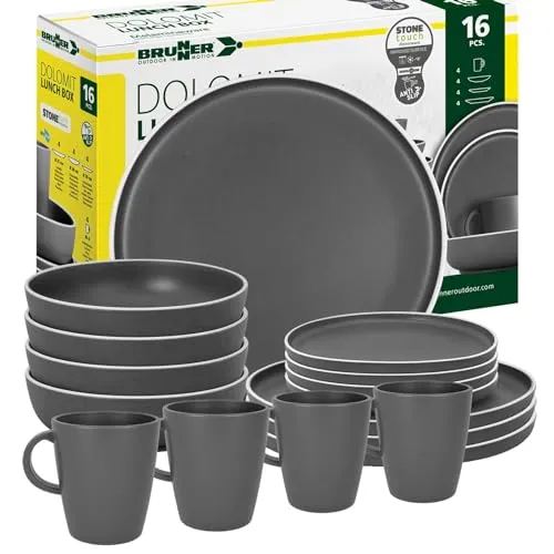BRUNNER Melamin Geschirr-Set Camping | 16-teilig für 2-4 Personen - Hochwertiges, kratzfestes und schlagfestes Melamingeschirr, ideal für Camping, Picknick und Grillen. Mit rutschfestem Antirutsch-Ring für mehr Stabilität und weniger Geräusche beim Transport.