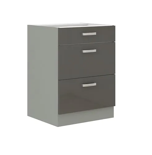 Küchen Unterschrank 60 cm Grau Hochglanz - Einbauküchen-Komponenten mit Vollauszug und Soft-Close für sanftes Schließen, ideal für moderne Küchen.