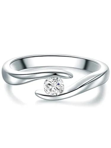 Tresor 1934 Damen-Solitärring - Eleganter Spannring aus Sterling Silber mit Zirkonia - Ringe für Damen: Extravagant gearbeiteter Solitärring aus rhodiniertem Sterlingsilber mit funkelndem Zirkonia im Brillantschliff, ideal als Verlobungsring oder zeitloses Lieblingsstück.