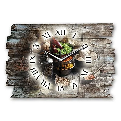 Kreative Feder Designer Wanduhr „Gewürze II“ aus Holz 40x27cm im Shabby Style Design - Designeruhr mit flüsterleisem Uhrwerk ohne Ticken (Gewürze II, leises Funkuhrwerk)