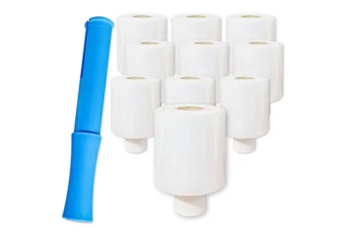 Stretchfolie mini transparent 100mm 150m 20my mit Handabroller - Praktisches Set mit 10 Rollen handlicher Stretchfolie (100 mm, 150 m) und Abroller. Ideal zum sicheren Verpacken und Fixieren von Gegenständen.