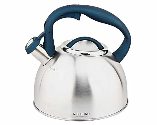 Michelino 2,4L Edelstahl Flötenkessel Kessel Silber (Griff: Petrol)