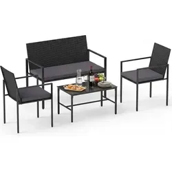 COSTWAY Polyrattan Gartenmöbel Set mit Tisch und Kissen – Grau/Schwarz - Hochwertiges Gartenmöbel-Set aus handgewebtem PE-Rattan. Bequeme Sitzkissen und stabiler Couchtisch aus gehärtetem Glas bieten stilvollen Komfort für Balkon und Terrasse.