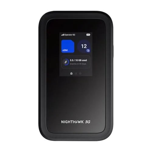 NETGEAR Nighthawk M7 | Mobiler 5G WLAN-Router mit eSIM - Erleben Sie ultraschnelles Internet mit bis zu 3,6 Gbit/s. Der tragbare M7 Router bietet flexible Datentarife, lange Akkulaufzeit und schützt Ihre Verbindung mit fortschrittlichen Sicherheitsfunktionen.