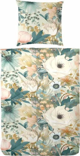Primera Mako-Satin Bettwäsche 155x220 - Blüten Rosen in Weiß Creme Petrol - Bettwäsche-Set aus 100% Baumwolle, hautfreundlich und geschmeidig, mit seidigem Griff und Reißverschluss, waschbar bis 60°C, ideal für komfortables Schlafen.