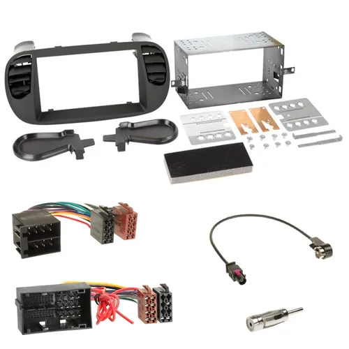 Doppel-DIN Blende schwarz + Radio Adapter + Antenne Stecker für Fiat 500 ab2012