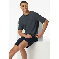 Schiesser Herren Schlafanzug kurz Rundhals - Nachtblau Nightwear Set - Bequemer Schlafanzug für Herren mit gemustertem Oberteil und Brusttasche, ideal für entspannte Nächte.