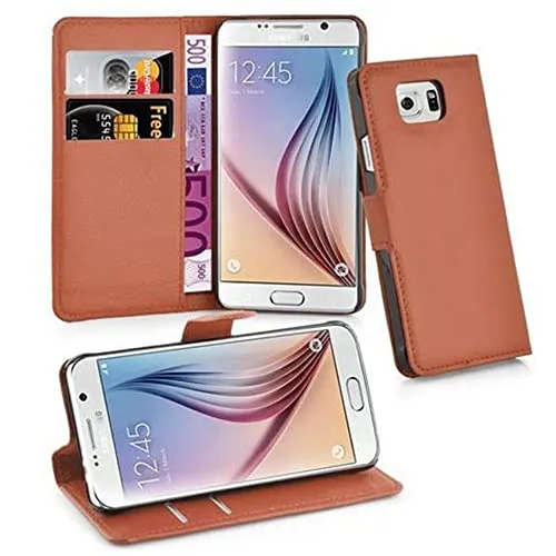 Cadorabo Hülle kompatibel mit Samsung Galaxy S6 Handyhülle aus Premium Kunst Leder Flip Klappbare Stoßfeste Magnetische [Standfunktion] [Kartenfächern] Cover Hülle für Galaxy S6 Tasche in Braun