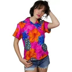 King Kameha Hawaiihemd Pineapple Hibiscus Funky Hawaiibluse Damen Kurzarm Front-Tasche rosa XL