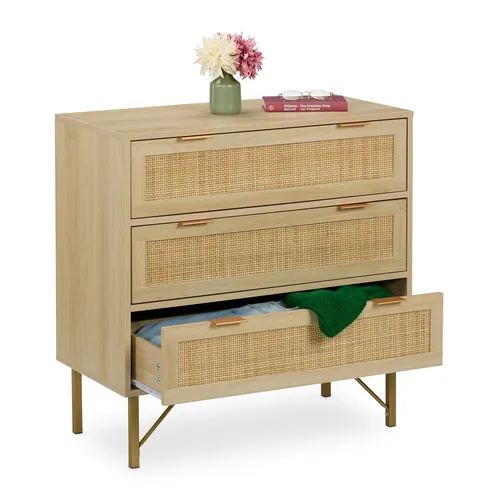 Beistellkommode mit 3 Schubladen - Stylische Aufbewahrungskommode in Hellbraun, ideal für Flur, Schlafzimmer oder Wohnzimmer. Robuste Faserplatte und Eisen-Griffe für langlebige Nutzung.