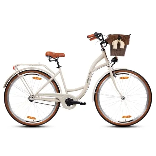 Goetze Style 28 Zoll Damen Citybike, 18 Zoll Tiefeinsteiger, 3-Gang Nabenschaltung, Rücktrittbremse und V-Bremse, LED-Beleuchtung, Rattankorb, Komfortsattel, mit Seitenständer & Klingel