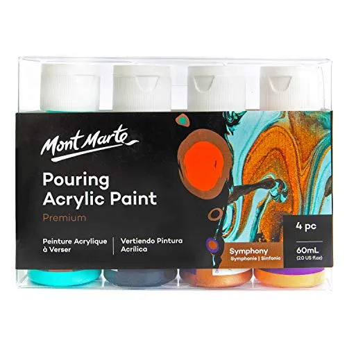 Mont Marte Pouring Set Symphonie – 4 x 60ml – Acryl Pouring – Acrylfarben mit Pouring Medium vorgemischt – Türkis, Lampen Schwarz, Bronze, Orange