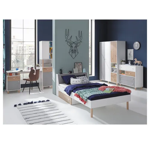 Lomadox Jugendzimmer-Set FAIRFAX-133, (Sparset, 5-tlg), mit Jugendbett 120x200cm, in weiß mit grau und Eiche