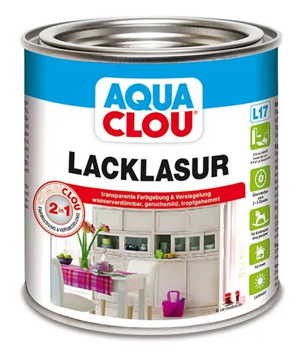 Clou Aqua Kombi Lacklasur - Lacke, tropfgehemmt und lichtbeständig für eine seidenmatte Oberfläche, die die Holzmaserung sichtbar lässt, wasserverdünnbar für einfache Anwendung.