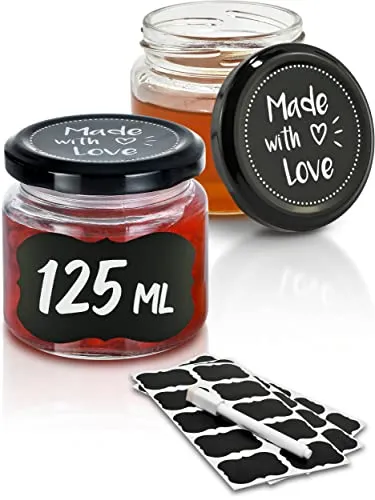 Praknu 25 Marmeladengläser Klein 125ml - Ideal zum Verschenken - Einmachgläser Set mit 25 luftdichten 125ml Gläsern, inklusive Etiketten und Stift. Perfekt für Marmelade, Gelee und mehr - spülmaschinenfest und ideal zum Verschenken!