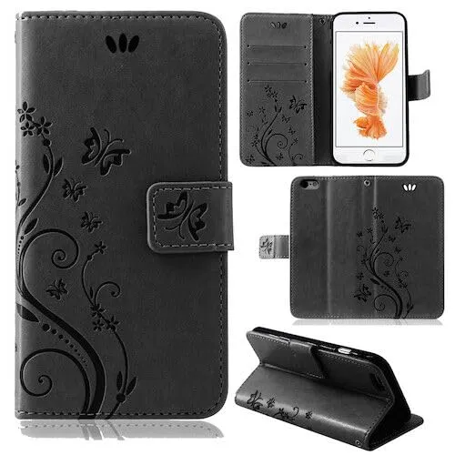 betterfon Hülle Kompatibel mit Apple iPhone 6 Plus / 6s Plus | Premium PU Leder Handyhülle Wallet Case für iPhone 6 Plus / 6s Plus | Schutzhülle Blumen Klapphülle Handyhülle | Schwarz