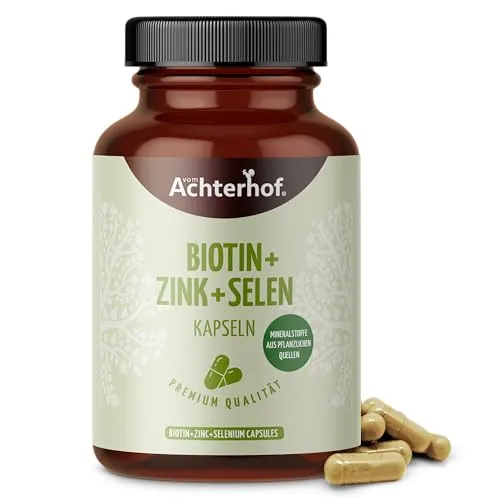 Biotin-Zink-Selen Komplex 120 Kapseln | Hochdosiert für Haut, Haare und Nägel - Biotinpräparate mit 10.000 mcg Biotin, Zink aus Guaven Extrakt und Selen aus Senfsaat Extrakt. 100% vegan und frei von Zusatzstoffen für gesunde Haare, Haut und Nägel.