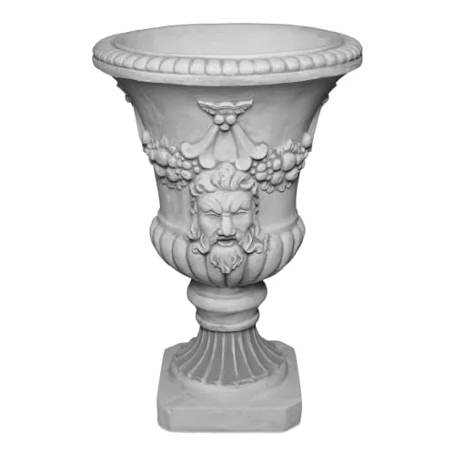 Gartenfigur Pflanzvase mit Ornamenten - 76 cm, 27 Liter, Frostsicher - Figuren: Prächtige Pflanzvase mit ernsten Gesichtern und einem fruchtigen Kranz, ideal als Dekoration oder für liebevolle Bepflanzung, frostbeständig für ganzjähriges Vergnügen.