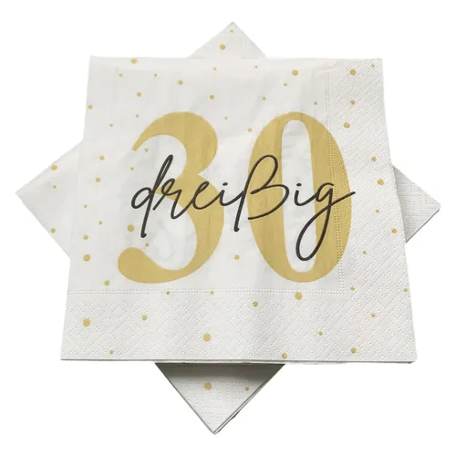 Servietten zum 30. Geburtstag 33 x 33 cm - weiß gold schwarz 20