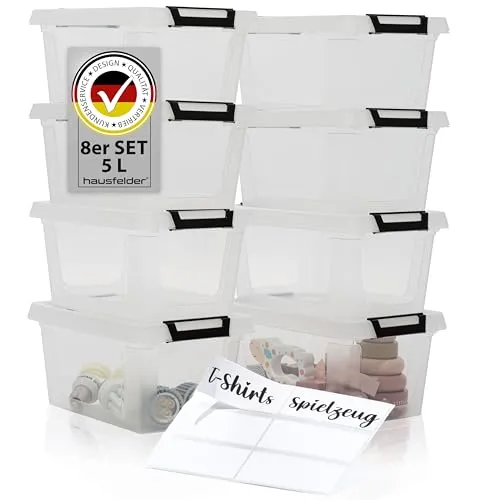Hausfelder 5 l Aufbewahrungsboxen Set mit Deckel, 8 Stück - Praktische 5 l Aufbewahrungsboxen im Set – stapelbar und transparent für optimale Ordnung in Küche, Spielzimmer oder Büro. Mit stabilen Verschlussclips bleibt der Inhalt sicher. Ideal zur platzsparenden Aufbewahrung.