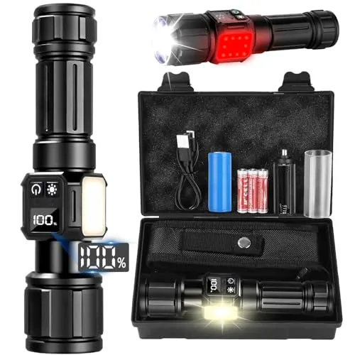 Azyvum Taschenlampe LED Aufladbar,1000000 Lumen Extrem Hell Taschenlampen Zoombare Taktische Handlampe mit 9 Lichtmodi, IP67 Wasserdicht Flashlight Torch für Camping, Outdoor, Notfäll