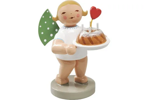 Wendt & Kühn Weihnachtsfigur Engel mit Kuchen und Herz 650/154 - Dekofiguren für Weihnachten, handgefertigter Engel aus Holz, Höhe: 6 cm, bunt und glänzend, ideal als festliche Dekoration oder Geschenk.