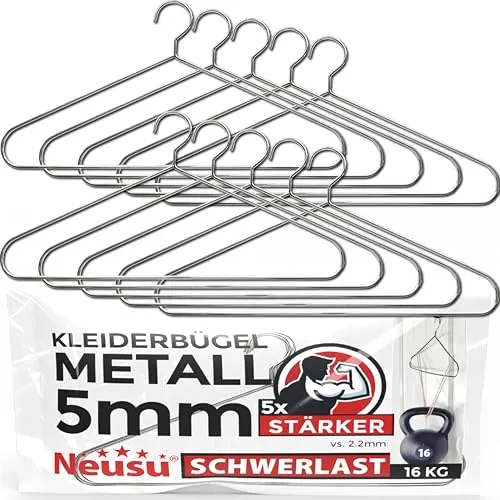 Neusu Kleiderbügel Metall, Stabil, 45cm x 5mm Dickes Metall - Extra Starke Garderobenbügel in Hotel-Qualität - (10 Stück)