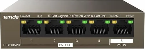 Tenda TEG1105PD - 5 Port PoE Switch ohne Netzteil - Netzwerk-Switches mit 4 PoE-PSE-Ports, Plug-and-Play und lüfterlosem Design für geräuschlosen Betrieb. Ideal zur Erweiterung der PoE-Reichweite bis zu 325 Meter ohne zusätzliche Stromversorgung.
