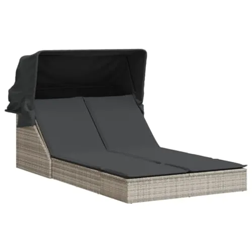 vidaXL Doppelliege mit Dach und verstellbarer Rückenlehne - Liegen - Entspanne im Freien auf dieser bequemen Doppelliege aus strapazierfähigem Poly Rattan mit verstellbarer Rückenlehne und ausziehbarem Sonnendach für optimalen Komfort.